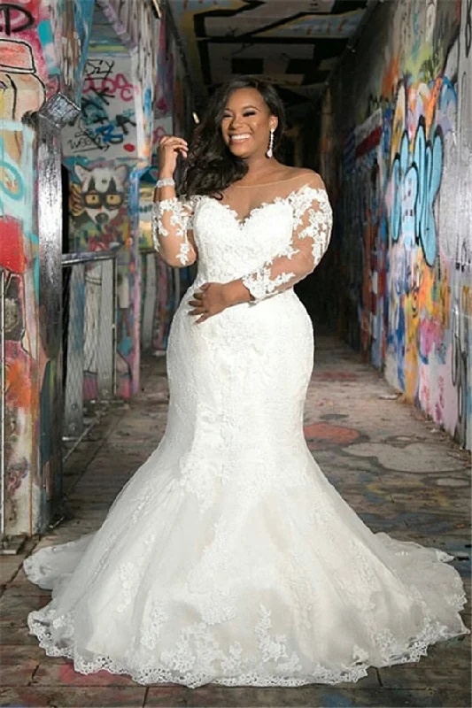 Lowest Prices Long Sleevess V neck Plus size Mermaid Bridal gowns for Wedding