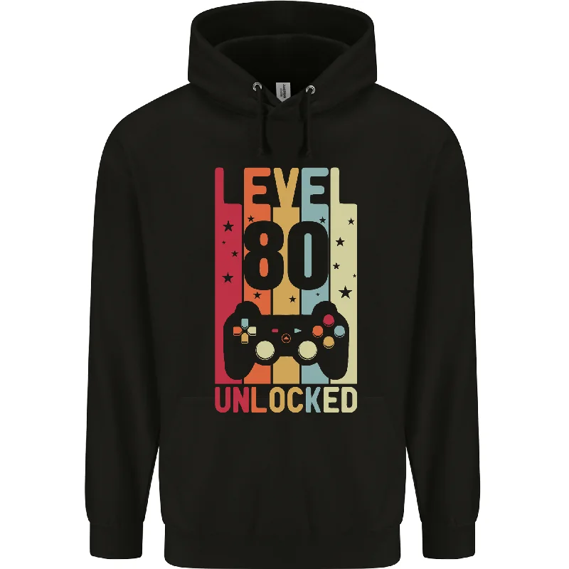 Year-End Sale minimalist hoodie80th Birthday 80 Year Old Level Up Gaming Mens 80% Cotton Hoodie
