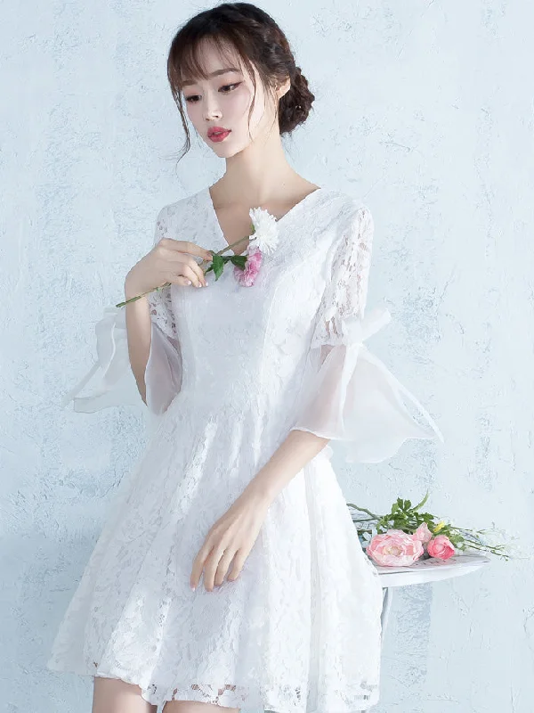 Extra Discounts Half Sleeve Homecoming Dresses Aline White Short Prom Dress Lace Party Dress JK597
