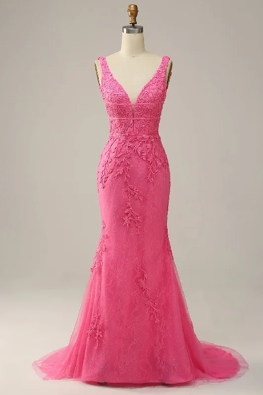 Clearance Sale pleated dressHot Pink Appliques Plunging V Neck Mermaid Long Prom Dress