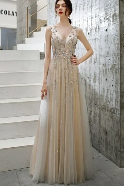 Inventory Reduction casual shift dressFlowers Champagne A-line Long Formal Dress