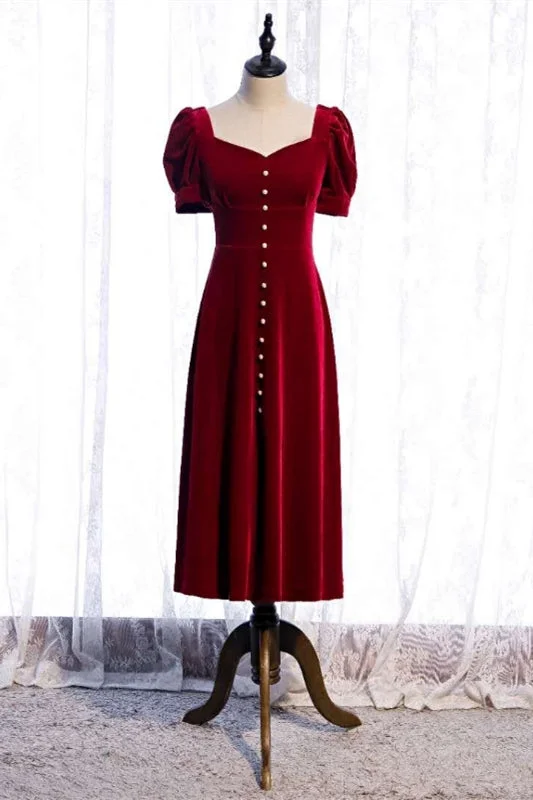 Limited Time luxury dressBurgundy Square Neck Puff Sleeves Bow Tie Back Tea Length Formal Dress with Buttons