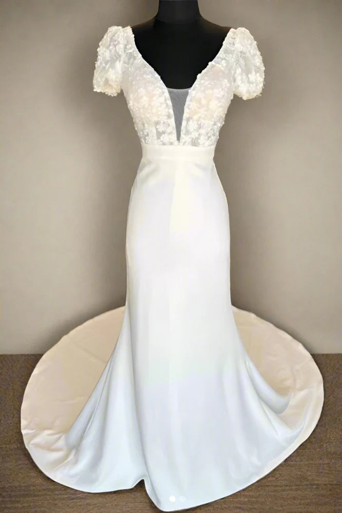 Sneak Peek Sale trendy mini dressElegant Satin Fitted Low V-Neck Short Sleeves With Scoop Train Wedding Dress Sneak Peek Sale trendy mini dressElegant Satin Fitted Low V-Neck Short Sleeves With Scoop Train Wedding Dress