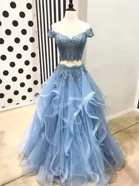 Fantastic Offers A-Line Off-the-Shoulder Sky Blue Tulle Appliques Long Prom Dress JKQ115
