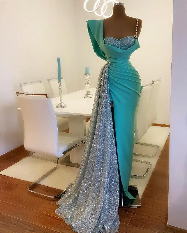 Daily Deals fitted bodycon dressBlue Mermaid Prom Dresses With High Side Split Glitter Satin Real Image Sweep Train robe de soirée de mariage Evening Dress Y57