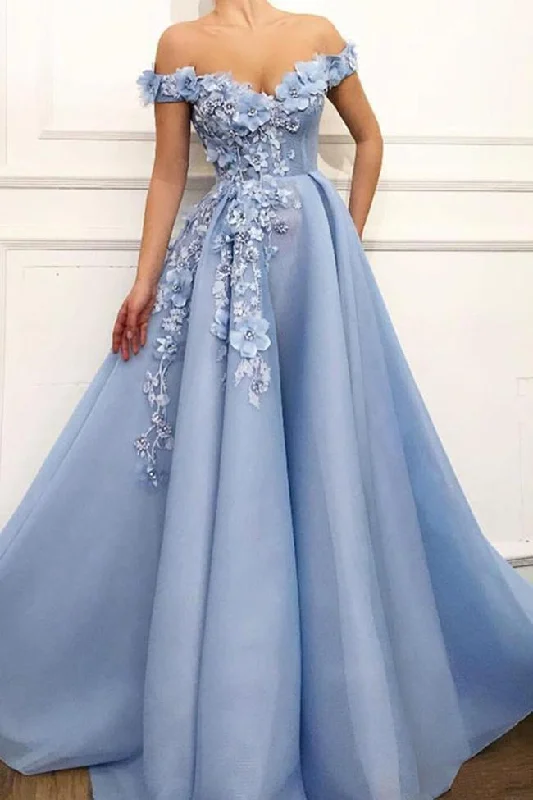 Midnight Madness Blue Satin A-line Off-the-shoulder Lace Sweetheart 3D Flowers Prom Dresses GJS207