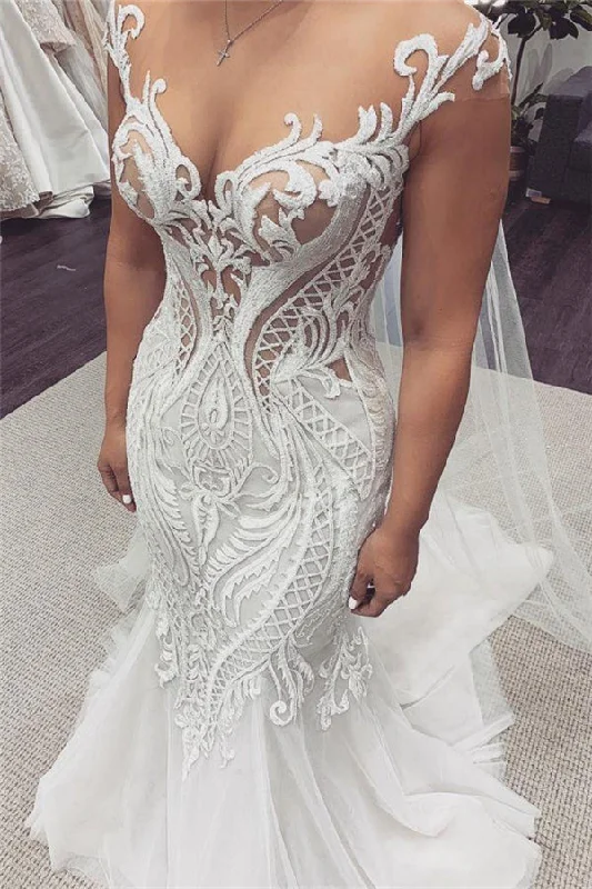 Limited Availability Cap sleeves White Lace Mermaid court Train Wedding Dress