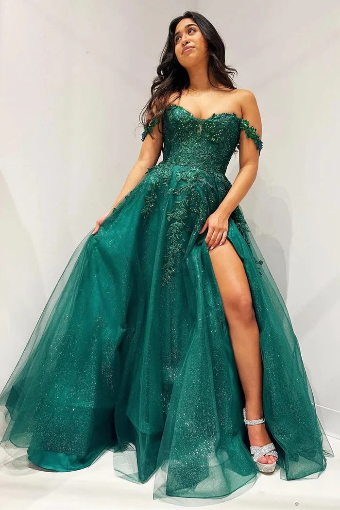 Super Bargain casual evening dressChic Tulle A-Line Sweetheart Off-Shoulder Appliques Prom Dress