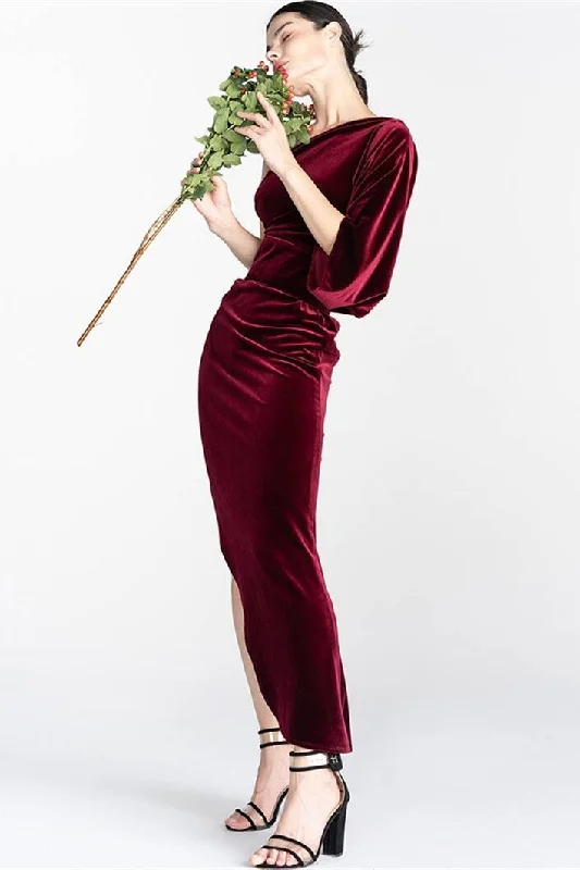 Limited Time Discount pleated maxi dressOne Shoulder Tight Burgundy Velvet Dress