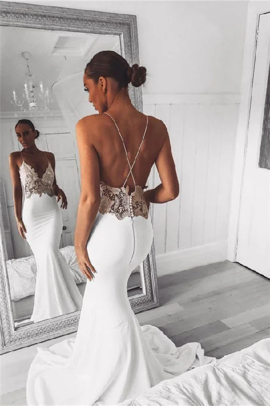 Referral Discount Modern V Neck Lace Spaghetti Strap Mermaid Wedding Dress Open Back Bridal Gown