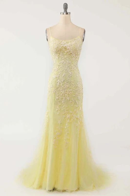 Blowout Deals mini dressLight Yellow Light Blue Mermaid Scoop Neckline Applique Lace-Up Back Long Prom Gown