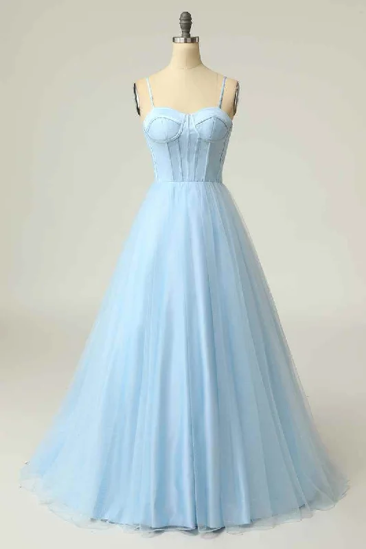 Lowest Price comfy dressLight Blue A-line Boning Adjustable Spaghetti Straps Tulle Long Prom Dress