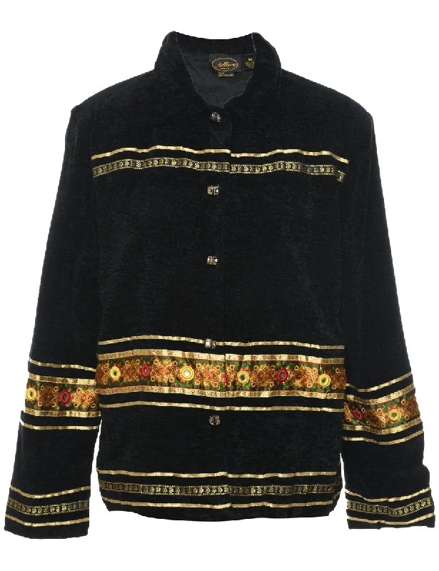 Blowout Sale insulated winter jacketButton Front Black & Gold Embroidered Jacket - M