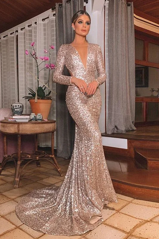 Deal of the Week Mermaid Long Sleeves V-neck Sweep/Brush Train Ruffles Sequins Dresses GJS169