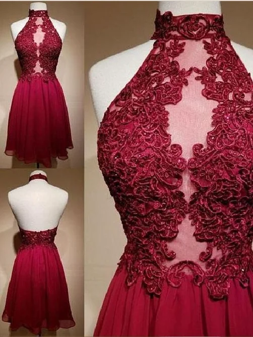 Year-End Sale Open Back Homecoming Dresses Burgundy High Neck Short Prom Dress Sexy Party Dress JK842