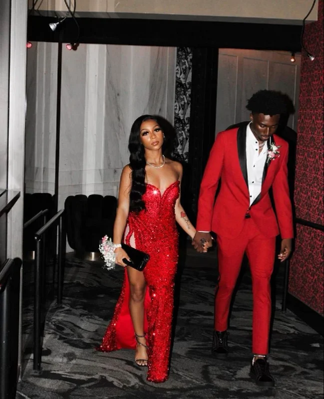 Closeout Sale wool dressLong Red Mermaid Sequins Prom Dresses with High Slit Y4200