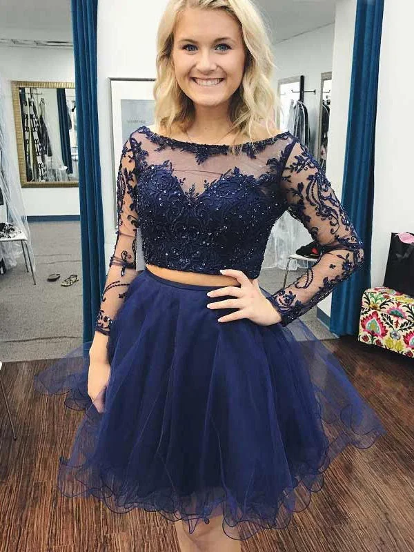 Must-Have Deals Two Piece Homecoming Dresses A-line Lace Dark Navy Short Prom Dress Party Dress JK758