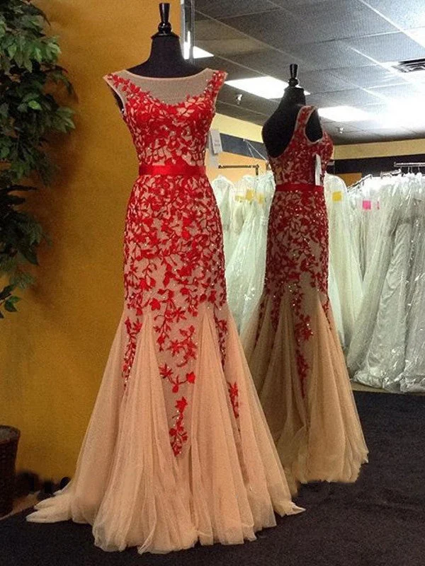 Act Now Sexy Prom Dresses Bateau Sheath Column Short Train Tulle Long Red Prom Dress JKL462