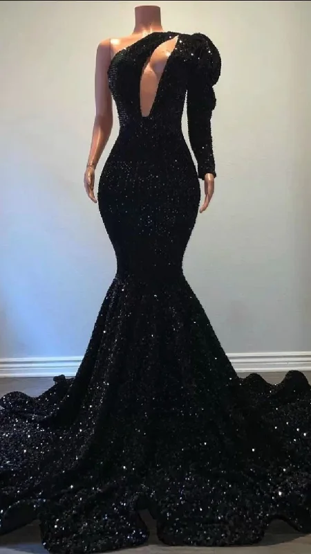 Weekend Flash Sale comfy dressBlack Sequins Long Prom Dress One Puffy Sleeve Mermaid Evening Dress Y15