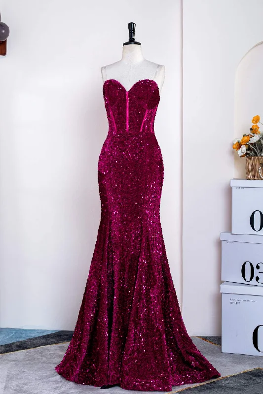 Overstock Sale wrap dressFuchsia Strapless Sequins Mermaid Long Prom Dress