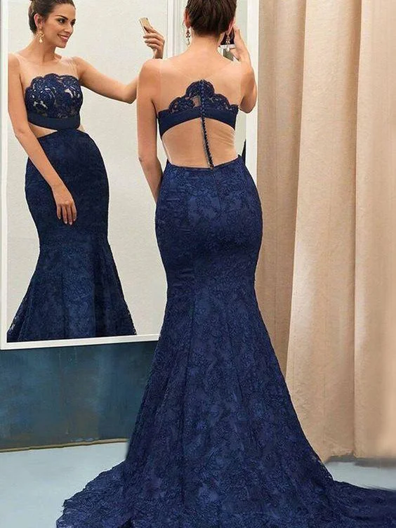 Price Buster Lace Prom Dresses Mermaid Trumpet Dark Navy Long Beautiful Cheap Prom Dress JKL1592