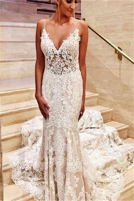 Bonus Savings Glamorous White V Neck Lace Mermaid Slim Wedding Bridal Dress