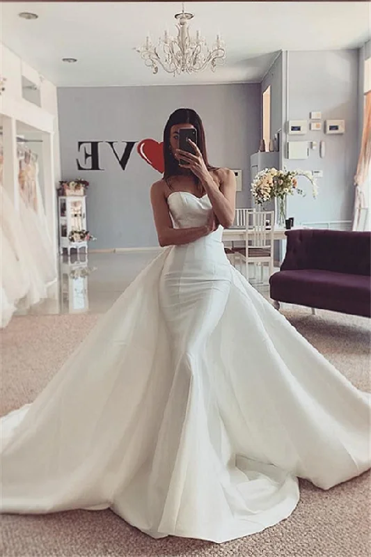 Crazy Savings Strapless White Mermaid Wedding Dress with trendy overskirt