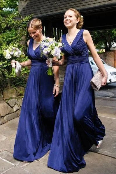 Limited Stock comfy maxi dressV-Neck Sleeveless Empire Long  Satin Bridesmaid Dress