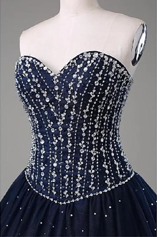 Super Bargain Navy Blue Ball Gown Floor Length Sweetheart Sleeveless Mid Back Prom Dresses