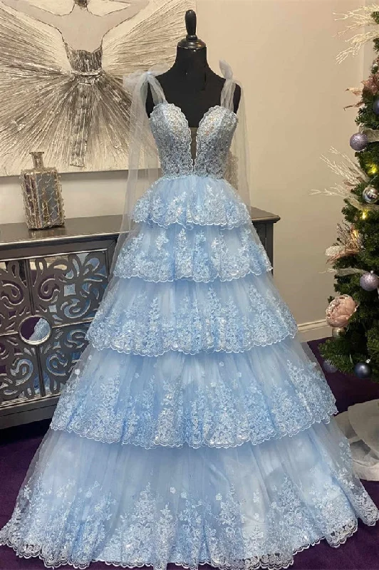 Price Smash romantic dressLight Blue Floral Appliques Bow Tie Straps A-line Long Prom Dress