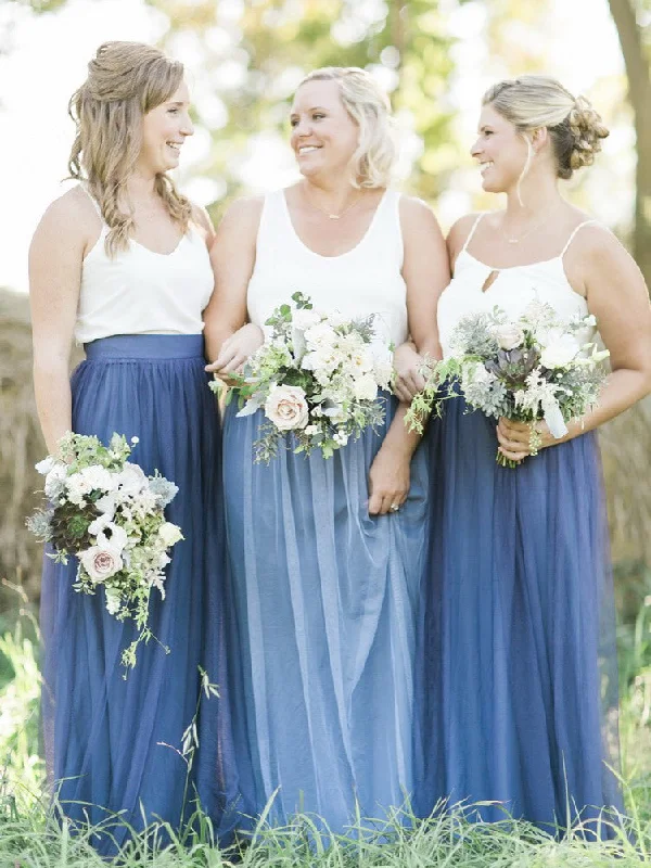 Low Prices Two Piece Bridesmaid Dresses Spaghetti Straps Tulle Simple Navy Bridesmaid Dresses JKB076