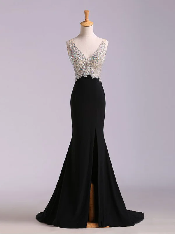 Value Deals Black Prom Dresses V-neck Short Train Rhinestone Sexy Long Prom Dress JKL506