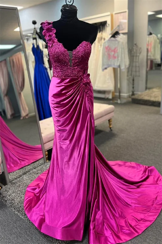 Limited Stock silk dressFuchsia Floral One Shoulder Appliques Mermaid Long Prom Dress with Slit