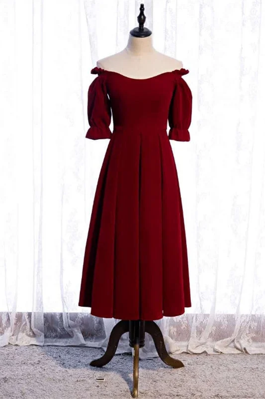 Deal of the Week puff sleeve dressBurgundy Off-the-Shoulder Tea Length Formal Dress with Sleeves