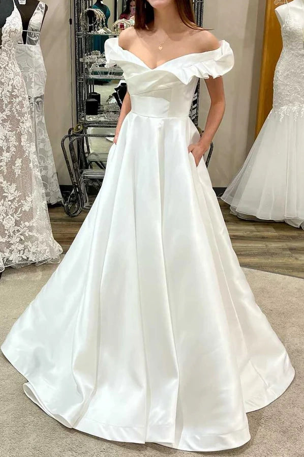 Price Reduction lace dressCasual Satin A-Line Off-Shoulder Empire Wedding Dress