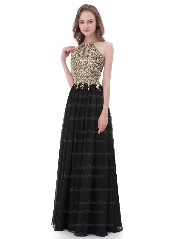 Deal Frenzy Black Prom Dresses A-line Halter Floor-length Chiffon Long Sexy Prom Dress AX008