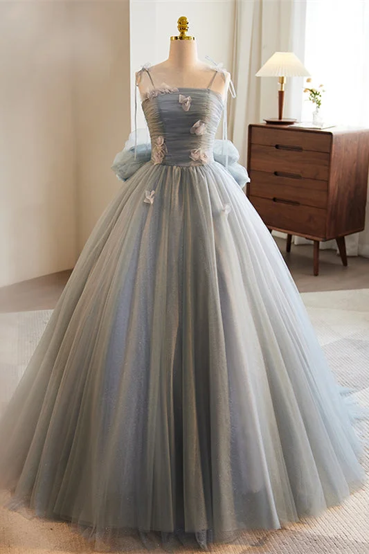 New Markdowns modern dressGrey Bow Tie Straps 3D Flowers A-line Long Prom Dress with Bow