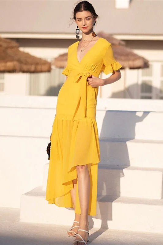 Holiday Sale boho dressShort Sleeves Yellow Wrap Dress