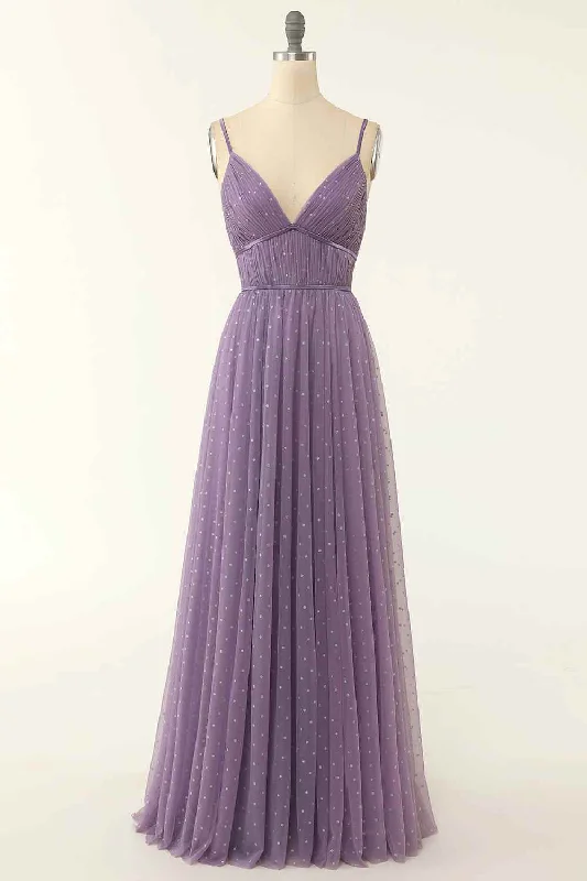 Exclusive Preview off-shoulder dressLavender A-line V Neckline Pleated Tulle Dot Long Prom Dress
