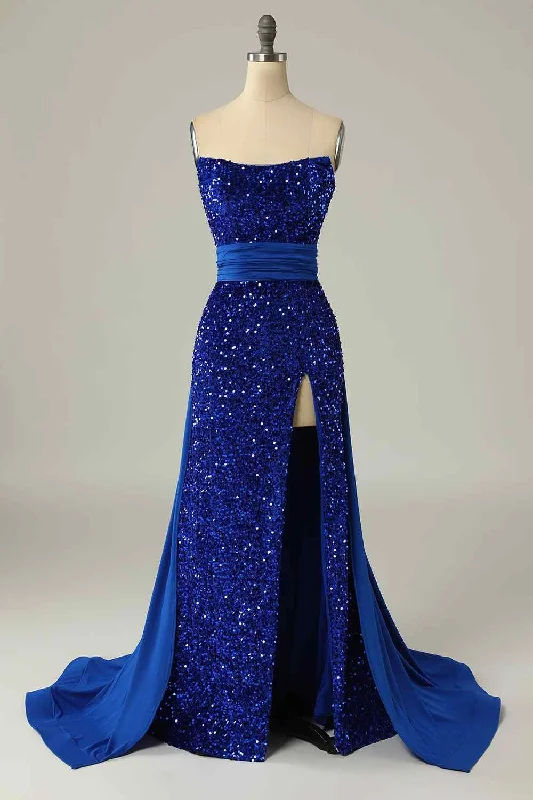 Take Advantage stylish party dressRoyal Blue Mermaid Strapless Sequins Slit Long Prom Dress