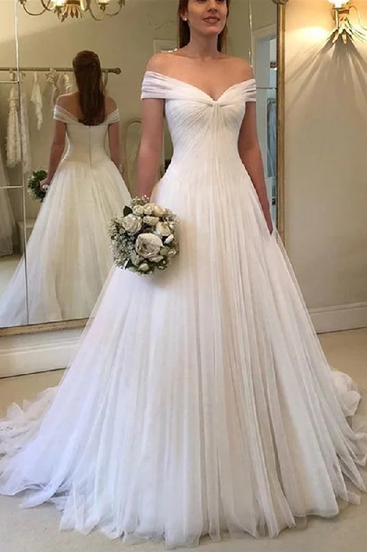 Special Offer sleek dressTulle A-Line Off-Shoulder Empire Beach Wedding Dress