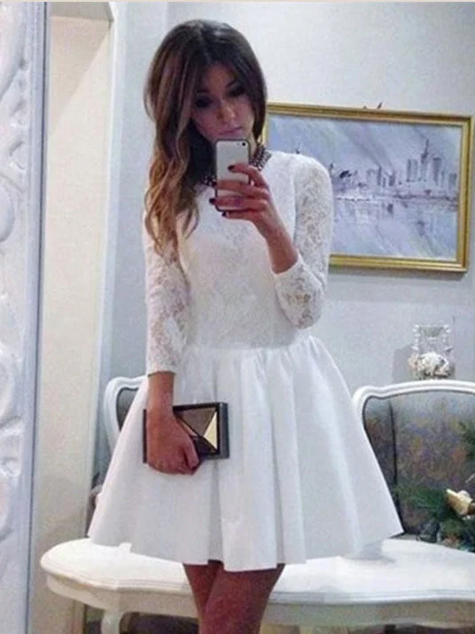 Limited Availability Long Sleeve Homecoming Dresses White Lace A Line Short Prom Dress Party Dress JK704
