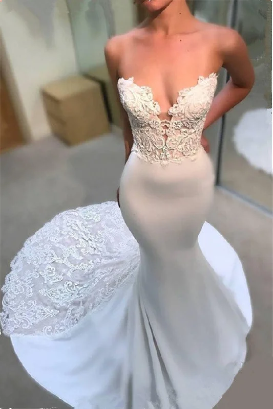 Customer Appreciation Sale Modern Strapless Lace Wedding Dresses Online Classic Mermaid Open Back Bridal Gowns