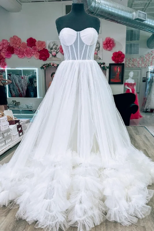 Act Fast comfy dressWhite Ruffles Strapless A-line Tulle Long Prom Dress