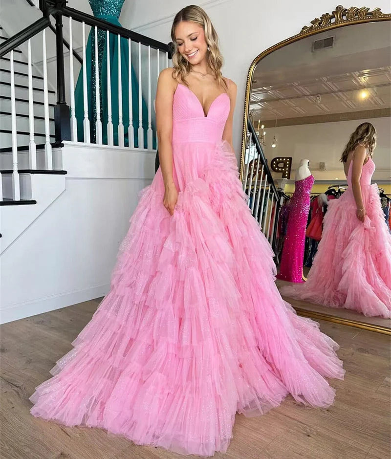 New Arrival trendy bodycon dressTulle A-Line V-Neck Spaghetti Straps Tiered Prom Dress
