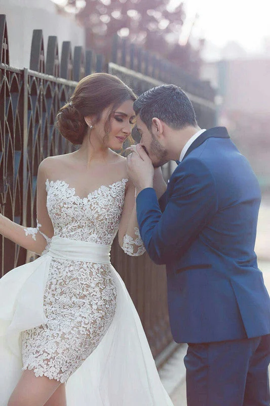 Deep Discounts Long Sleeves Wedding Dress with Detachable Train Latest Short Lace Bridal Gown