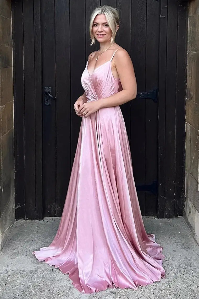 Instant Discount summer dressPink V-Neck Sleeveless Satin A-Line Bridesmaid Dress