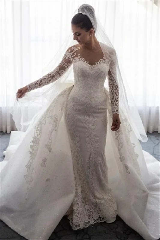 Super Deal AmazingMermaid Lace Bowknot Wedding Bride Dress Detachable Overskirt Sleeve Bridal Dress