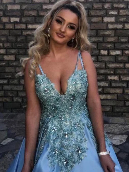 Shop and Save Open Back Prom Dresses with Spaghetti Straps V-neck Long Beautiful Blue Prom Dress JKL1500