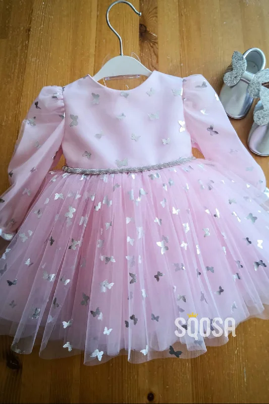 The Best Prices floral wrap dressA-line Bateau Long Sleeves Cute Pink Flower Girl Dress First Communion Dress QF1015